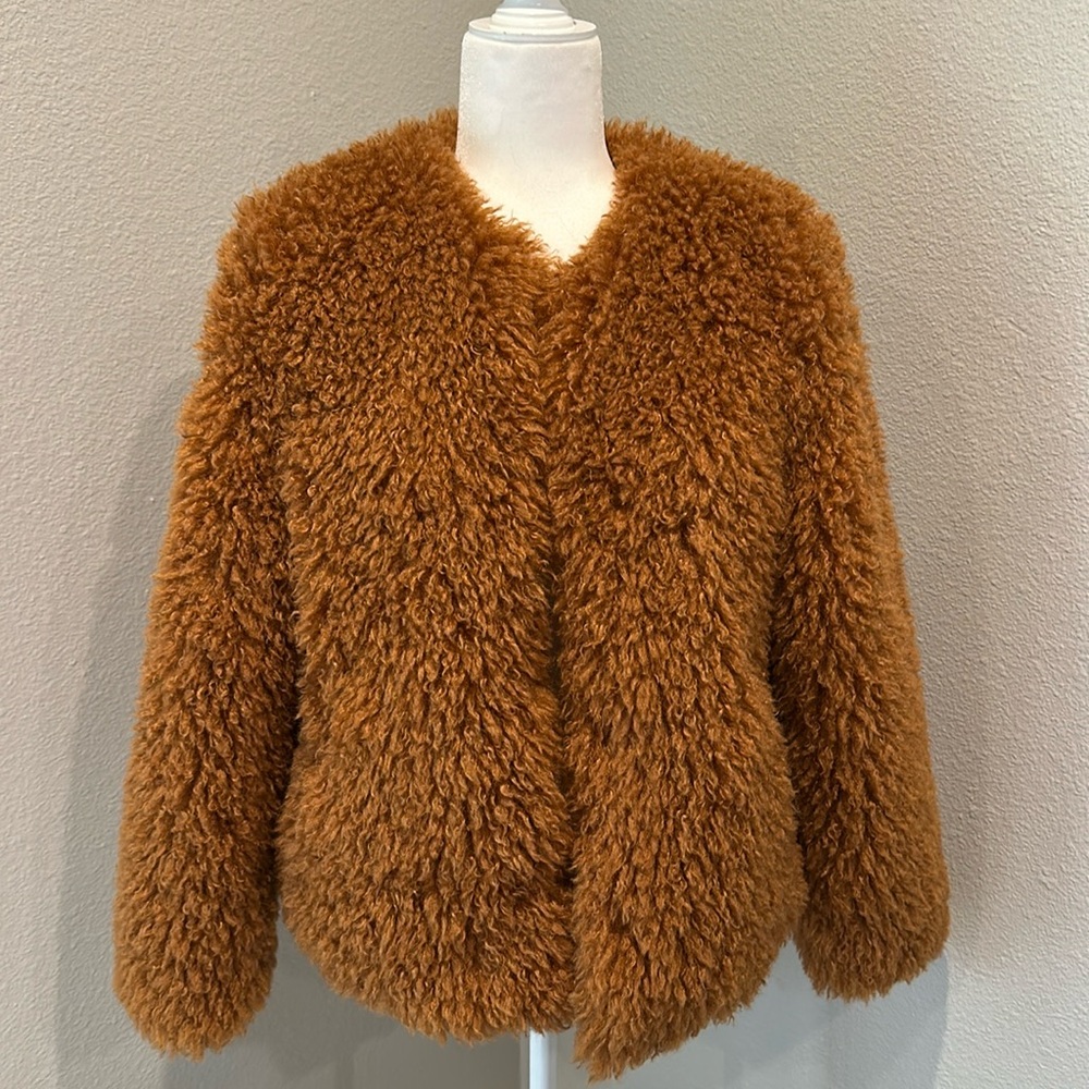 apt 9 furry womens jacket. size small, orange/brown color. 100% polyester. soft!